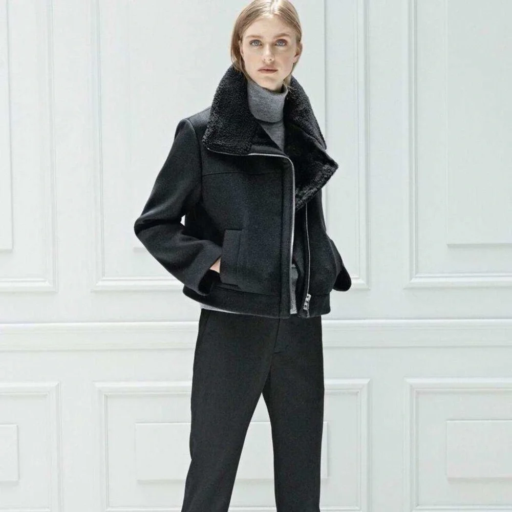 NWT $750 Vince Shearling Trimmed Fur Lined Wool Blend Moto Jacket in Black